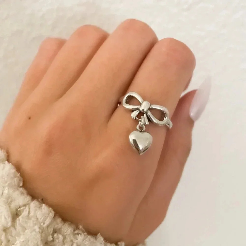 925 Sterling Silver Dangle Heart Ring Heart Charm Ring Minimalist Dainty Ring
